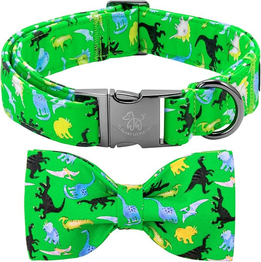 Elegant little tail Boy Dog Collar, Dinosaurs Pet Collars with Bow for Medium Dogs, Sturdy Metal Buckle Soft Cotton Bowtie Fabric Summer Adjusatble Dog Collar for Medium Dogs