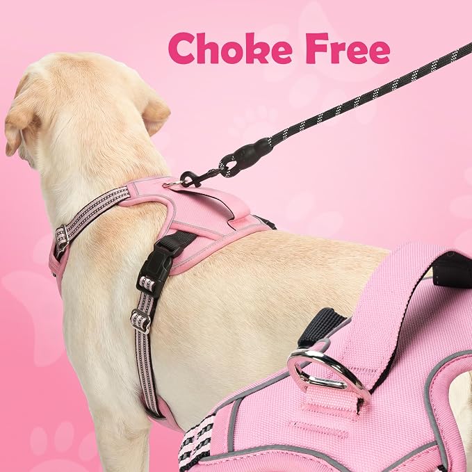 Funfox Dog Harness No Pull, Adjustable Pet Vest Harness, Super Soft Material with Vertical Handle Easy Control, Reflective Night Walking, 2 Leash Clips for Medium Sized Dogs, Pink, M
