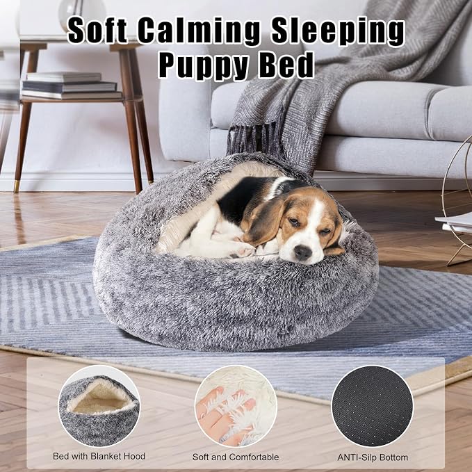 FORMYCATIE Cat Beds for Indoor Cats,Cat Cave for Puppy and Kitty,Calming Small Dog Bed for Small Dogs with Cover Cave,Cozy Warming Fluffy Washable Anti-Slip Pet Sleeping Bag(24 * 24inch,Grey)