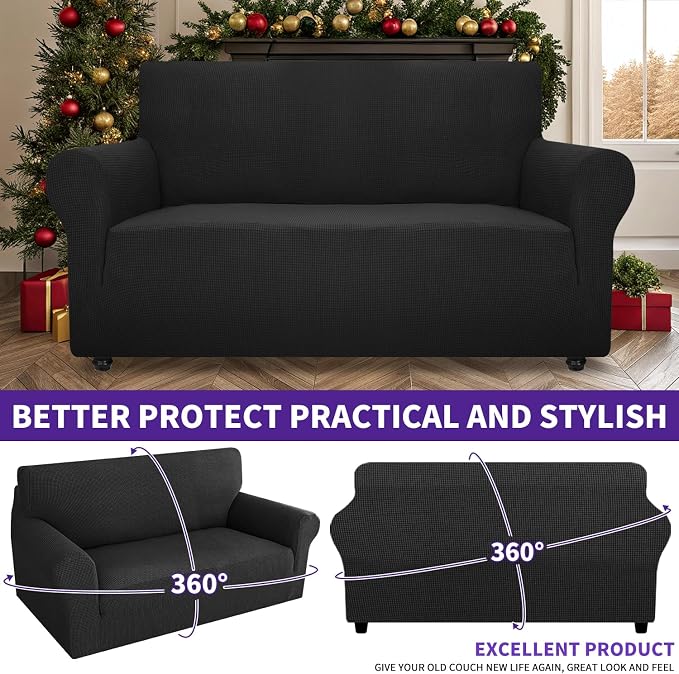 ZNSAYOTX Super Stretch Couch Cover Love Seat Sofa Covers for Living Room Dogs Pet Friendly Furniture Protector Spandex Loveseat Slipcovers with Anti Slip Foam Sticks (Black, Loveseat)