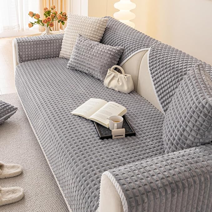 Velvet Couch Cover Sectional, Funny Fuzzy Pet Couch Covers for 2-3 Cushion Sofa, Plush Warm Sofa Covers for Pets Washable, Non-slip Couchs Cover for Pets & Kids(1PC, Light Grey, 35.4"×71")