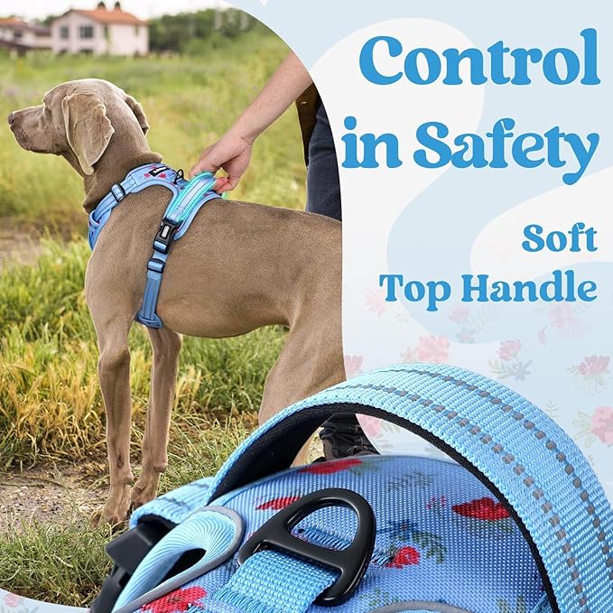 rabbitgoo Dog Harness Medium Sized, No Pull Easy On & Off with 3 Buckles Pet Harness, Adjustable Soft Walking Vest with 2 Clips and Handle, Reflective for Medium Dogs, Floral Blue, M