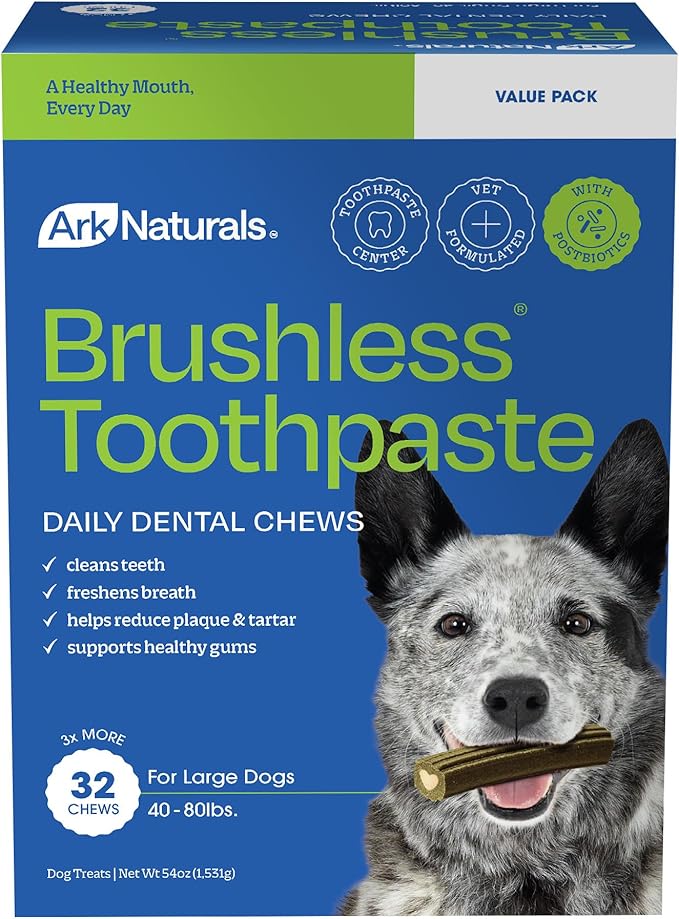 Ark Naturals Brushless Toothpaste – Large Breeds, 54oz Bag – Dog Dental Chew with Toothpaste Center – Freshen Breath and Reduce Plaque & Tartar with Dental Chews for Dogs