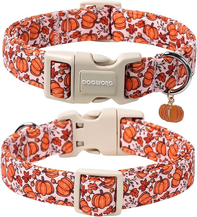 DOGWONG Pumpkin Dog Collar- Cute Pink Fall Dog Collars Adjustable Maple Fall Dog Collar for Small Medium Large Dogs XL