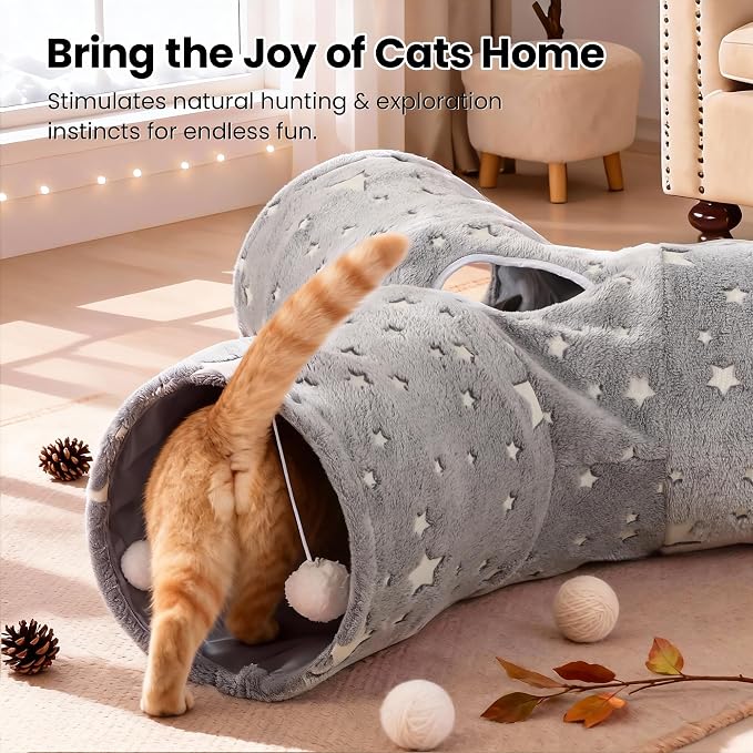 Tempcore 3-Way Collapsible Cat Tunnel Toy with Self-Luminous Tube & Teaser Wand, Peek Holes & Hanging Ball, Photoluminescence Play Tunnel for Indoor Cats, Puppy, Rabbit