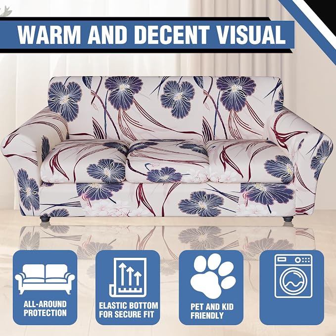 Stretch Couch Covers for 3 Separate Cushion Couch Sofa,Floral Printed Couch Sofa Cover,Washable Sofa Slipcover,Pet Friendly Furniture Protector with Elastic Bottom,Universal Fit for Home(Sofa,Cover)