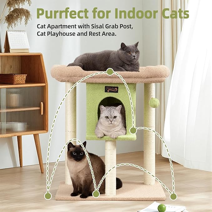 Cat Tree Tower Scratching Post for Indoor Large Cats, Small Cat Tree with Big Perch Bed, 28in Tall Trees House with Condo Cave, Toy Balls, Modern Climbing Furniture Platform for Kitten (Green)