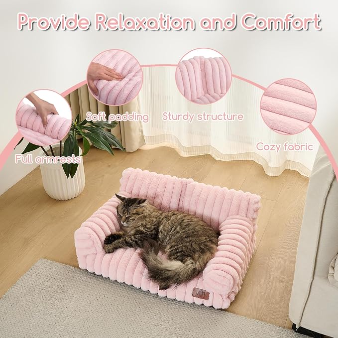 Hollypet Fluffy Dog Cat Bed Pet Couch Beds Plush Soft Warming Washable Puppy Bed for Small Medium Dogs and Large Cats, Light Pink, 24" L x 18" W x 10" Th
