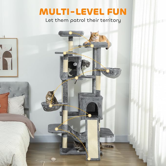 PawHut Flower Cat Tree, 69" Large Cat Tower for Indoor Kittens with 2 Spacious Condos, Sisal Scratching Posts, 2 Hanging Balls, Perches, Ramp, Bed, Dark Gray