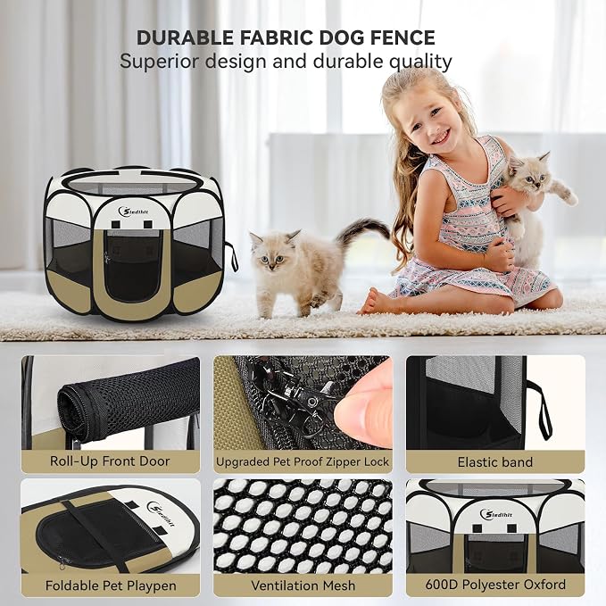 Siedihit Dog Cat Playpen, Small Puppy Pet Playpen, Dog Crate Tent Cage Indoor/Outdoor, Portable Pop Up Dogs Kennel Playpen with Carrying Case for Dogs/Cats/Rabbits(Khaki, Small)