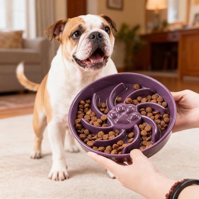 Ceramic Slow Feeder Dog Bowl, 3 Cup Dog Food or 25oz Water, Slow Eating Bowl for Middle Breed, Maze Puzzle Feeder for Fast Eaters, Anti-Choking Stop Bloat, Non-Slip BPA Free (Purple)