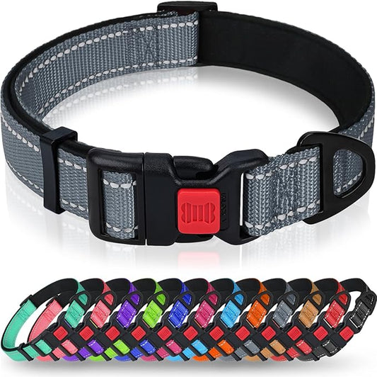 Taglory Reflective Dog Collar for Extra Large Dogs, Soft Neoprene Padded with Escape-Proof Locking Buckle, Upgraded Zinc Alloy Ring, Adjustable for Daily Walking, Grey,XL