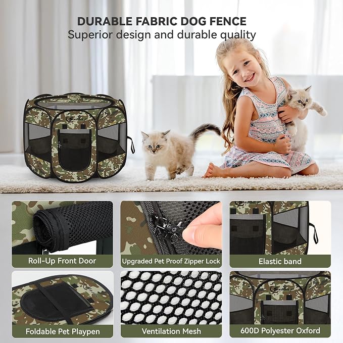Pink Puppy Playpen for Middle Dog Cat, Dogs Tent Crate Cage Indoor/Outdoor, Portable Pop Up Dog Kennel with Carrying Bag for Rabbits, Removable Top (Green Camo, Small)