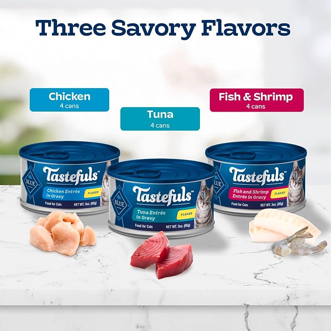 Blue Buffalo Tastefuls Flaked Adult Wet Cat Food Variety Pack (Tuna, Chicken, Fish & Shrimp), Natural Ingredients Enhanced with Vitamins, Minerals & Other Nutrients, 3-oz. Each (12 Cans)