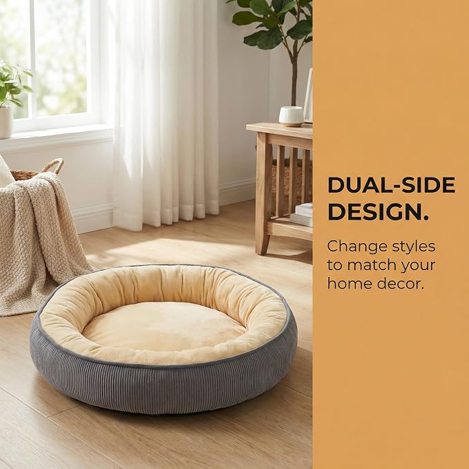 Calming Dog Bed for Small Dogs 18"x20" - Washable Donut Pet Bed with Anti-Slip Bottom, Soft Puppy Bed for Indoor Kittens and Cats with Removable Cover (Beige)