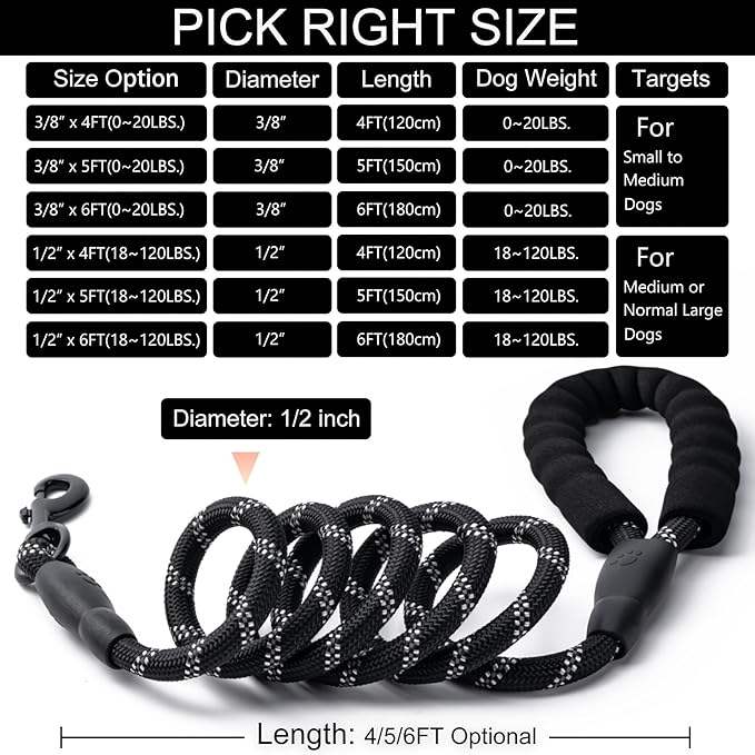 2 Pack Dog Leash, 4/5//6 FT Heavy Duty Nylon Rope Pet Leashes with Comfortable Padded Handle, Reflective Dog Leashes for Small Medium and Large Dogs (5FT-1/2,Black/Turquoise)