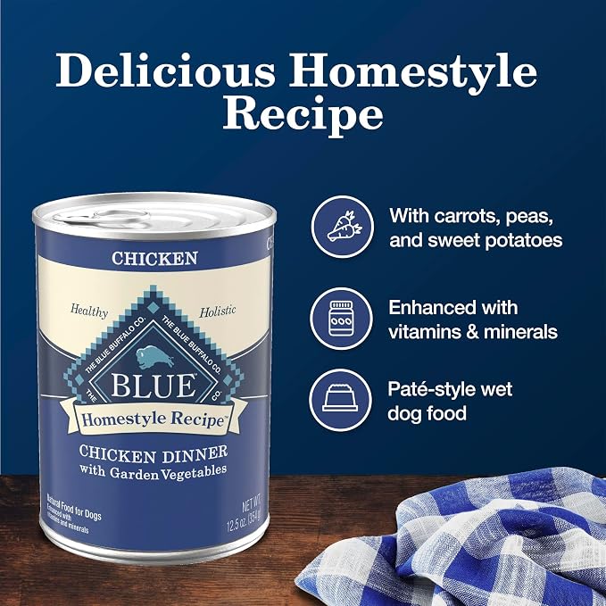 Blue Buffalo Homestyle Recipe Chicken Dinner with Garden Vegetables Natural Wet Dog Food for Adult Dogs, Paté with Natural Ingredients, Vitamins & Minerals, 12.5-oz. Can (12 Count)