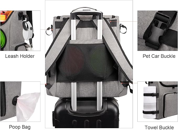Modoker Dog Travel Bag Backpack, Airline Approved Pet Accessories Organizer for Dog and Cat with Shoulder Strap, 2 Dog Food Storage Containers, 2 Collapsible Dog Bowls,1 Pet Mat, Grey