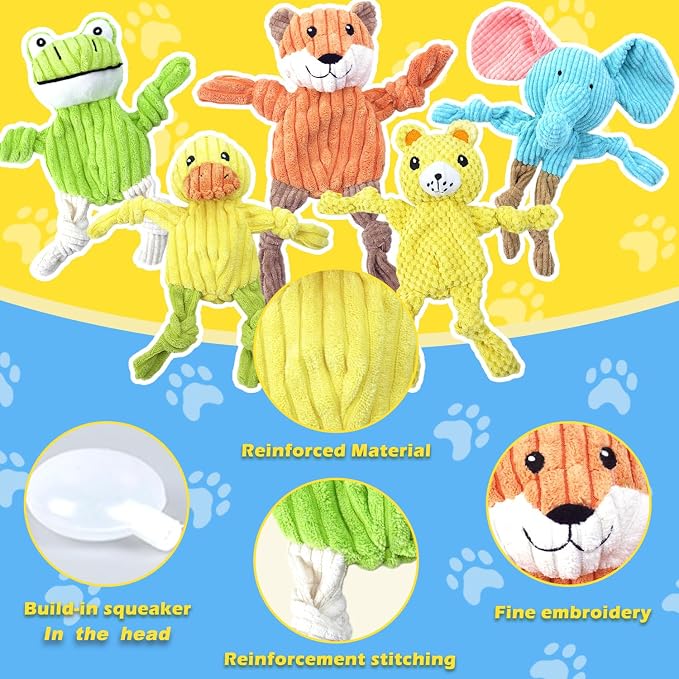 MRSOHRET 5 Pack Dog Toys Squeaky, Tough Stuffed Plush Puppy Chew Toys for Teething, Durable Plush Dog Toy for Large Medium Small Breed to Keep Them Busy, No Stuffing Crinkle Dog Toys