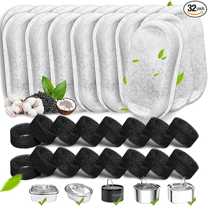 Cat Water Fountain Filters, 32 Pack Cat Replacement Filters for Stainless Steel 108oz/3.2L& 67oz/2L adjustable Flow Pet Water, Dog Fountain Filter（16+16 Pack）