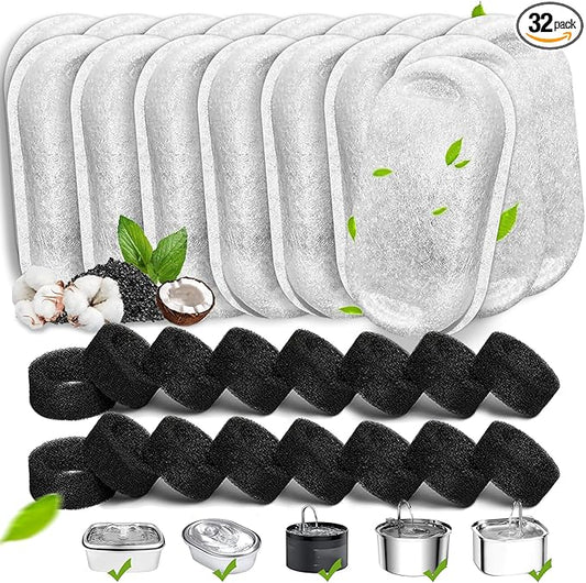 Cat Water Fountain Filters, 32 Pack Cat Replacement Filters for Stainless Steel 108oz/3.2L& 67oz/2L adjustable Flow Pet Water, Dog Fountain Filter（16+16 Pack）
