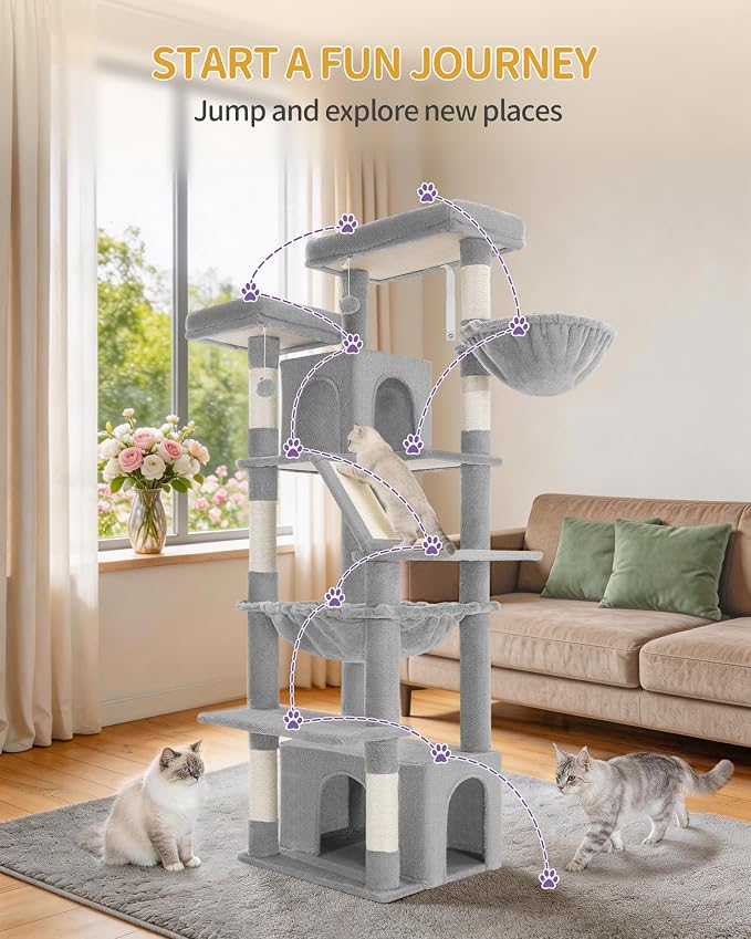 Hzuaneri Large Cat Tree, 72 Inch Tall Indoor Cat Tower for 6 Large Cats, Corner Climbing Activity Pet Condo with 2 Large Platforms/2 Cats House/6 Scratching Post/1 Hanging Basket, Light Gray MS18318LG