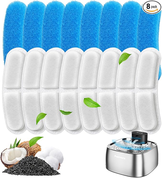 Pawtners 8 Pack Replacement Filters for STR-PT-108A Pumpless Cat Water Fountain, Multi-Layer Filtration for Cat/Dog Fountain, Complete Kit with 8 Filters & 8 Sponges