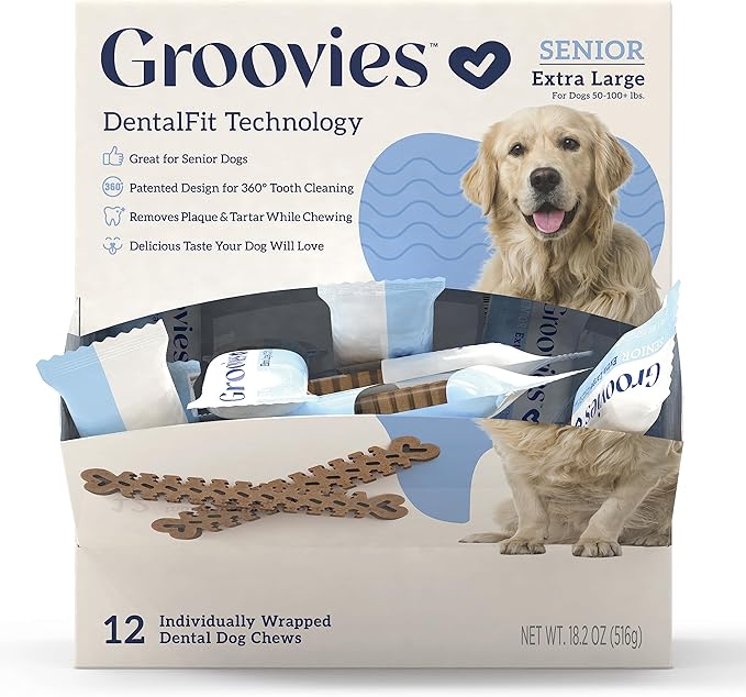 Groovies Gentle & Flexible Senior Dog Dental Chews, Contact-Cleaning Design Supporting Tartar Control & Fresh Breath, Oral Care Treats, USA Manufactured, Patented DentalFit Tech, XLarge Dogs, 4 Chews
