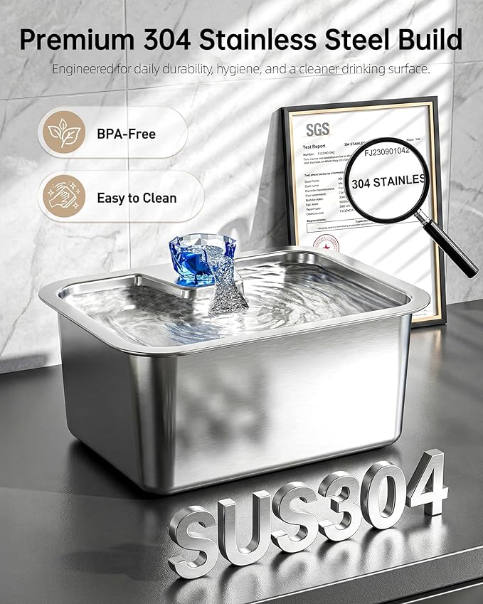 Dog Water Fountain with Silicone Mat - 3 Gallon Stainless Steel Pet Water Fountain with 6 Filters, Quiet Automatic Bowl Dispenser Drinking Waterer for Large Dogs & Multi-pet, Easy to Clean, Indoor Use