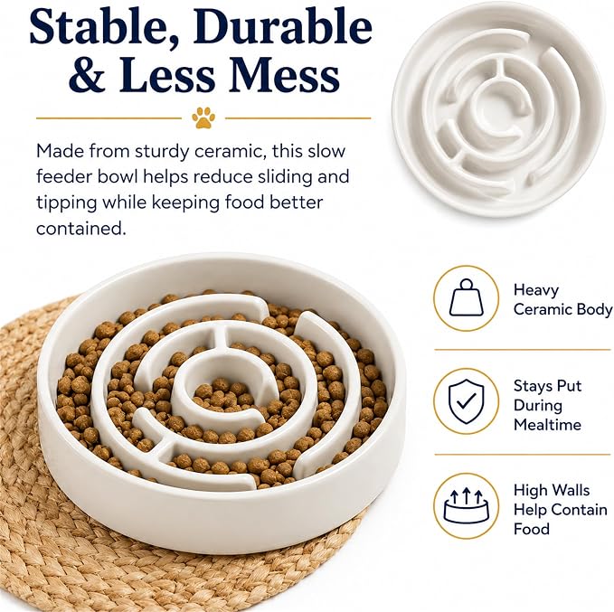 Ceramic Slow Feeder Dog Bowls with Anti-Slip, Slow Feeder & Non-Slip Design, Boredom and Anxiety Reducer, Suitable for All Breed Dogs and Cat (Ceramic-White)