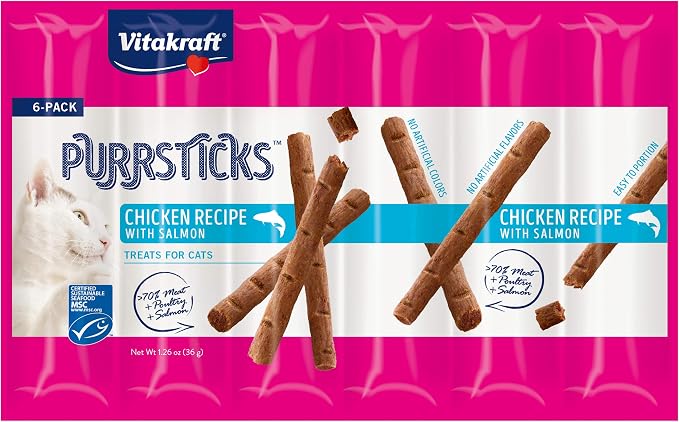 Vitakraft PurrSticks Chicken Recipe with Salmon Cat Treats – Over 70% Real Meat - Chicken, Liver & Salmon - Segmented for Portion Control, Premium - Indoor Treats - Snacking, Travel, Vet & Visits.