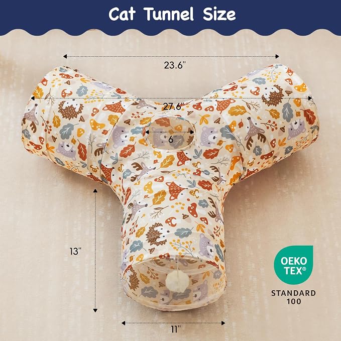 Tempcore Cat Tunnel for Indoor Cats, 3 Way Collapsible Pet Play Tunnel with Teaser Wand, Peek Holes & Hanging Ball, Interactive Tube for Kittens & Rabbits, Beige Deer