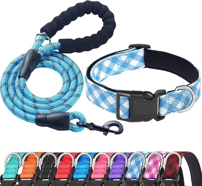 Ladoogo Reflective Dog Collar Padded with Soft Neoprene Breathable Adjustable Nylon Dog Collars for Small Medium Large Dogs (Large (Pack of 1), Vivid Blue Plaid Collar+Leash)