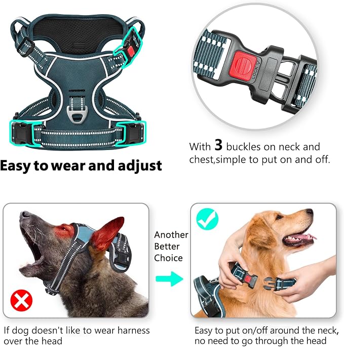 Timos Dog Harness Large Sized, No Pull Pet Harness with Neck Lockable Snap, No Choke Front Clip Reflective Vest, Adjustable Metal Rings 3 Buckles, Easy Control Handle for Large Dogs Blackish Green L