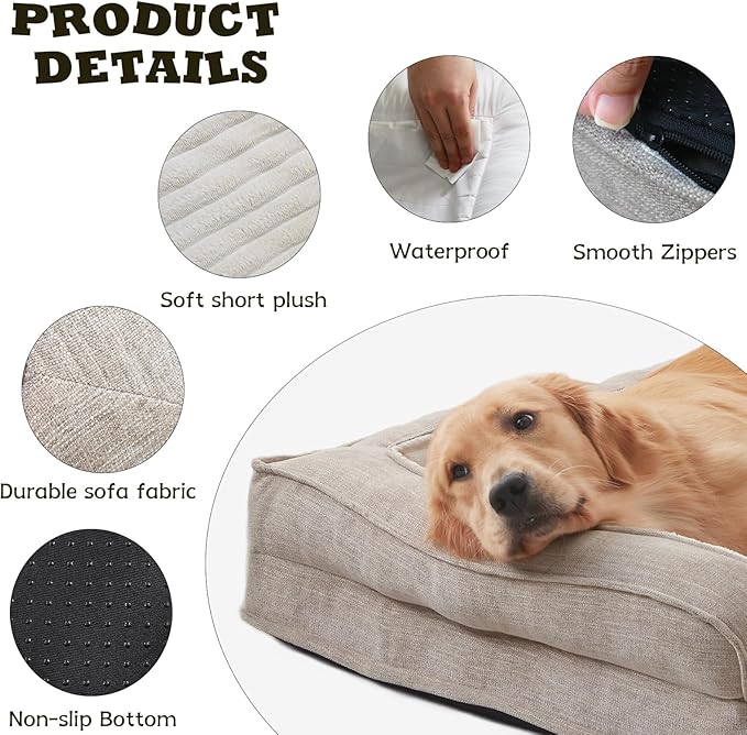WINDRACING Orthopedic Dog Beds for Medium Dogs, Waterproof Egg Foam Dog Sofa Bed with L Bolster Sides, Washable Medium Pet Bed with Removable Cover & Non-Slip Bottom, 36 x 23 inch, Beige
