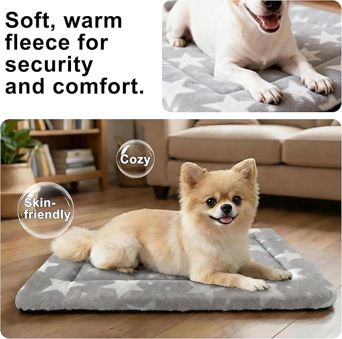 Dog Bed Mat – Soft & Comfortable Dog Kennel Pad for Crate – Durable Crate Bed & Mat for Dogs & Cats – Ideal for Crate, Kennel, and Home Use (Big&Little Stars Grey, S(24"*18"*1.5"))