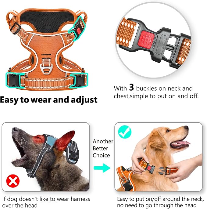 Timos Dog Harness Small Sized, No Pull Pet Harness with Neck Lockable Snap, No Choke Front Clip Reflective Vest, Adjustable Metal Rings 3 Buckles, Easy Control Handle for Small Dogs Pumpkin Orange S