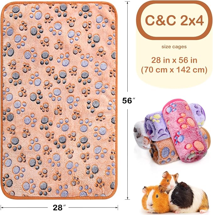 Reginary 4 Pcs Waterproof Guinea Pig Blankets Washable Small Animal Fleece Bedding Absorbent Guinea Pig Cage Liners Reusable Training Pee Pad Pet Sleep Mat for Hamster(Paw Print,28 x 56 Inch)