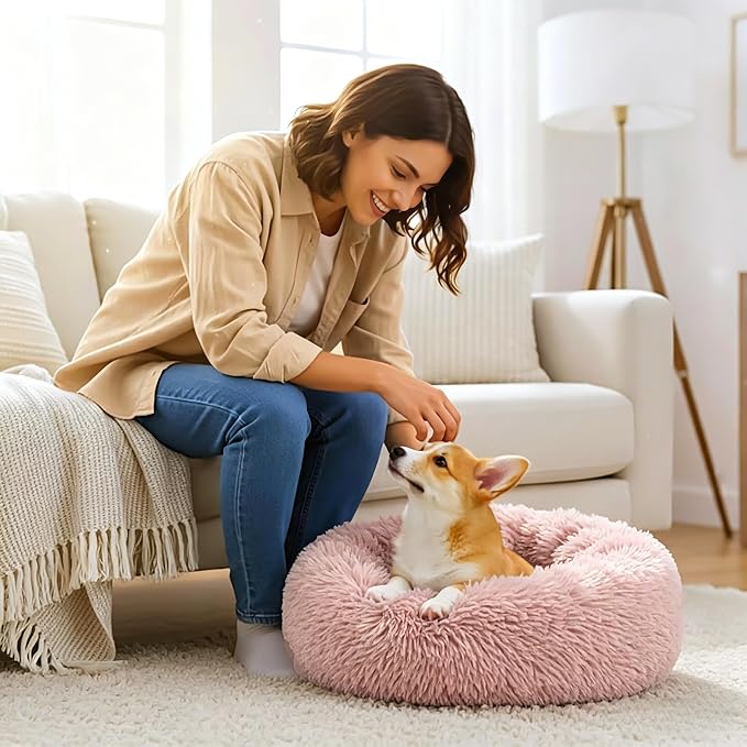Calming Donut Dog and Cat Bed for Indoor Cats, Anti-Anxiety Round Fluffy Soft Washable Small Pet Bed for Puppy and Kitten, Warming Comfortable Luxury Anti-Slip Waterproof Mute Base 20in Pink