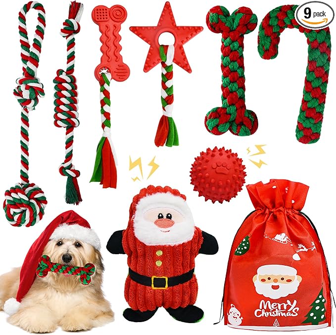 MRSOHRET Christmas Dog Toys, 9 Pack Dog Rope Toy, Puppy Chew Toy for Teething with Gift Bag, Plush Squeaky Toy, Christmas Stocking Stuffers for Small Medium Dogs