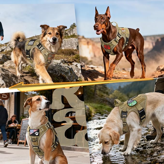 rabbitgoo Tactical Dog Harness for Large Dogs, No Pull Upgraded Reflective Heavy Duty Molle Vest with Handle, Adjustable Military Service Dog Vest for Walking Hiking Training, Brown, XL