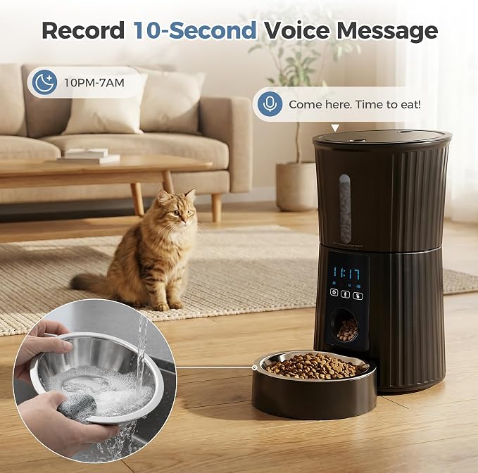 DUMOS 2.4G WiFi Automatic Cat Feeder, 4L Timed Cat Food Dispenser with APP Control, 10s Voice Recorder, Dual Power Supply, Indoor Programmable Pet Feeder with Desiccant for Small Cats and Dogs, Black