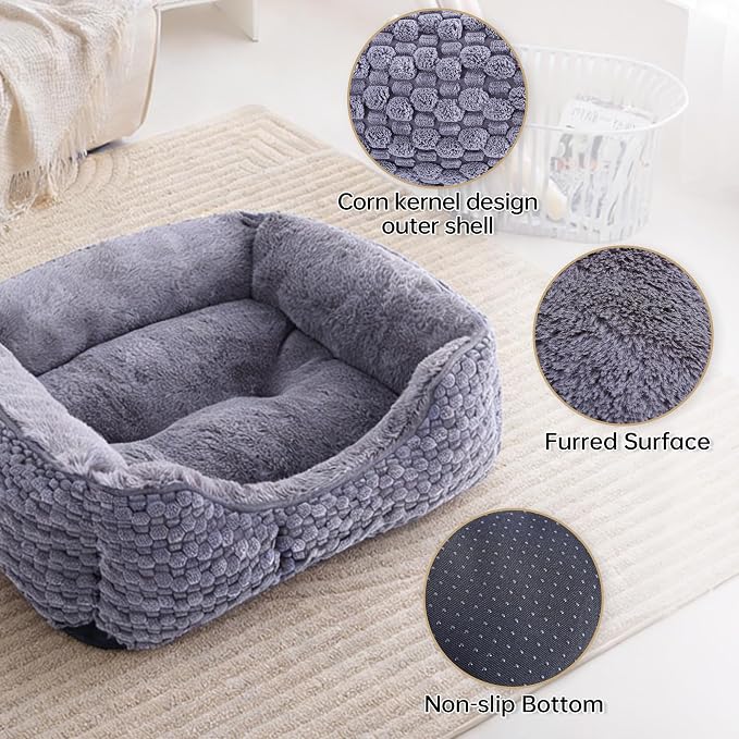 Plush Dog Bed Large, Dark Grey, Machine Washable, Dog Beds Sofa with Pillow Support, 30x24Inch, Corn Kernel Design, Non-Slip Bottom, Thick PP Cotton Padding