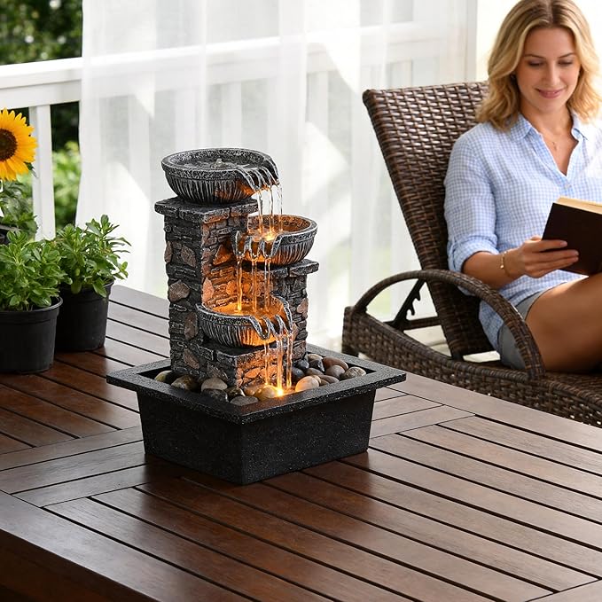 Kalona Tabletop Fountain 3 Bowls with LED Light Soothing Water Flowing Sound Fountain Zen/Meditation Home/Office Decor Home Décor Relaxation Indoor (23113)