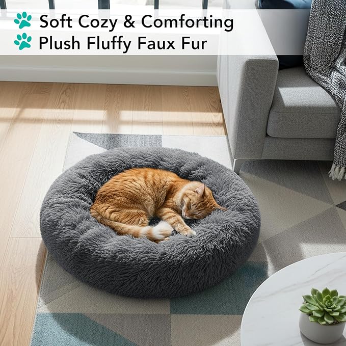 PetAmi Calming Dog Bed for Small & Medium Dogs, Cats & Puppy, Warming Round Donut Cuddler Bed, Anti-Anxiety Fluffy Shaggy Faux Fur Pet Bed, Machine Washable, Non-Slip Bottom, 23 Inch - Dark Gray