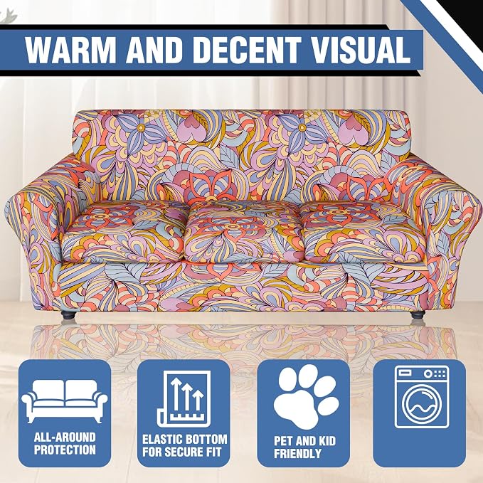 Stretch Couch Covers for 3 Separate Cushion Couch Sofa,Floral Printed Couch Sofa Cover,Washable Sofa Slipcover,Pet Friendly Furniture Protector with Elastic Bottom,Universal Fit for Home(Sofa,Cover)