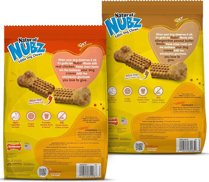 Nylabone Nubz Natural Dog Chew Treats for Large Dogs, Long Lasting Chew Bones Made in the USA, Chicken & Peanut Butter Flavor Dog Treats, for Dogs Over 30 lbs. (36 Count)