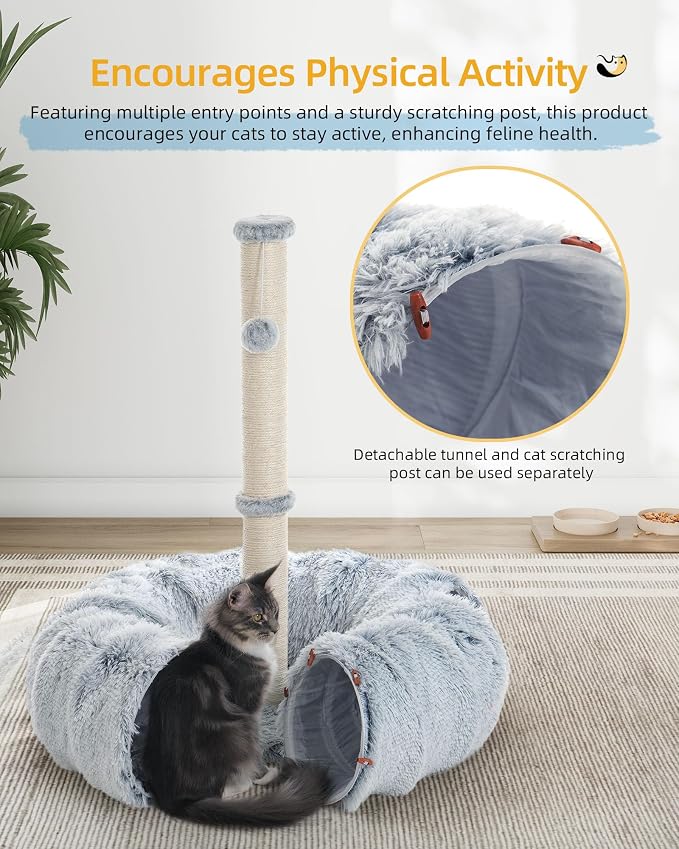 Aechonow 3-in-1 Cat Tunnel Bed, 34'' Tall Cat Scratching Post for Indoor Cats, Fluffy Peekaboo Donut Hideout Toy for Pets, Rabbit, Ferret