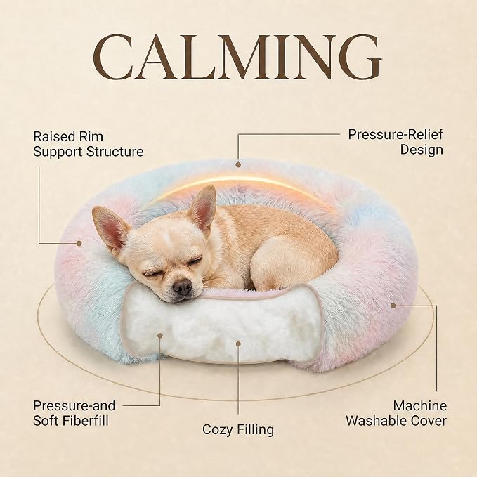 Tiny Dog Bed 15 Inch for Extra Small Dogs,Washable Puppy Bed,Soft Faux Fur Calming Donut Bed for Chihuahua Yorkie Maltese Pomeranian,Rainbow