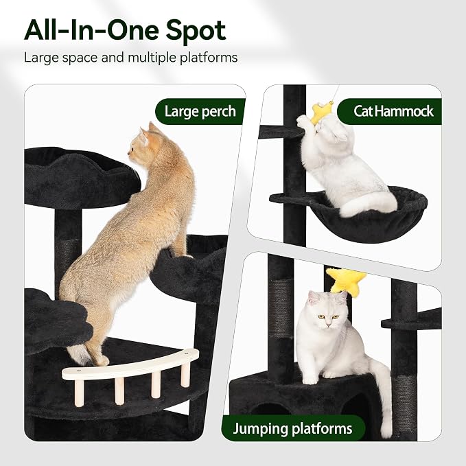 Meecal 79inch Giant Cat Tree for Heavy Duty Big Cats, Multi-Level Luxury Cat Tower with Scratching Post, Cat Condo with Hammocks & Plush Perches for Indoor Cats Large Adult, Black